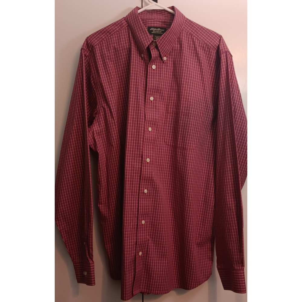 Eddie Bauer Mens Shirt L Tall Red Plaid Button Down Classic Casual Preppy - Picture 2 of 8